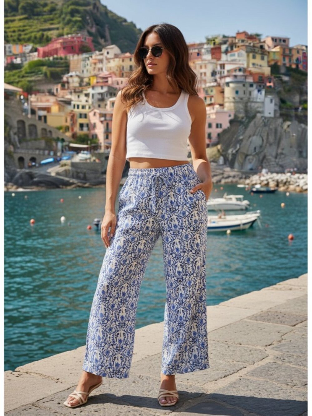 ELIE TAHARI 100% LINEN PARROT FLORAL PRINT WIDE LEG PALAZZO PANTS